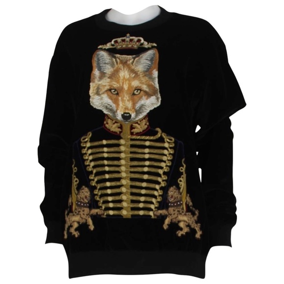 Dolce and Gabbana  Black Velvet Royal Fox Sweatshirt   IT 52 - Picture 6 of 9